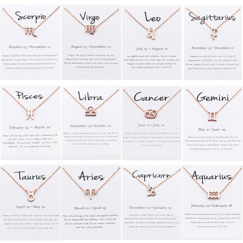 Cardboard Packing 12 Constellation Sign Pendant Necklace for Women Party Jewelry Rose Golden Zodiac Chain Choker
Cardboard Packing 12 Constellation Sign Pendant Necklace for Women Party Jewelry Rose Golden Zodiac Chain Choker