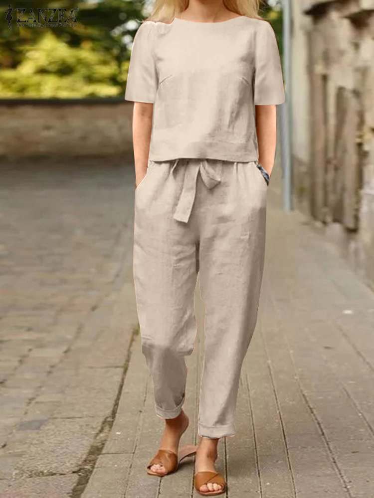 Women's Two Piece Pants ZANZEA Women Summer Solid Matching Set Half Sleeve O-Neck Oversize Thin Blouse Wide Leg Pant Femme Holiday Elastic Vintag