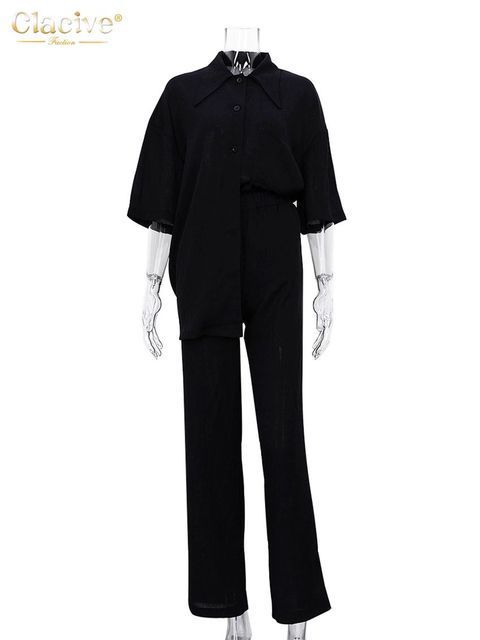 Women's Two Piece Pants Clacive Causal Loose Trouser Suits Autumn Short Sleeve Blouse With High Wasit Pants Set Women Elegant Brown 2 Piece Pants