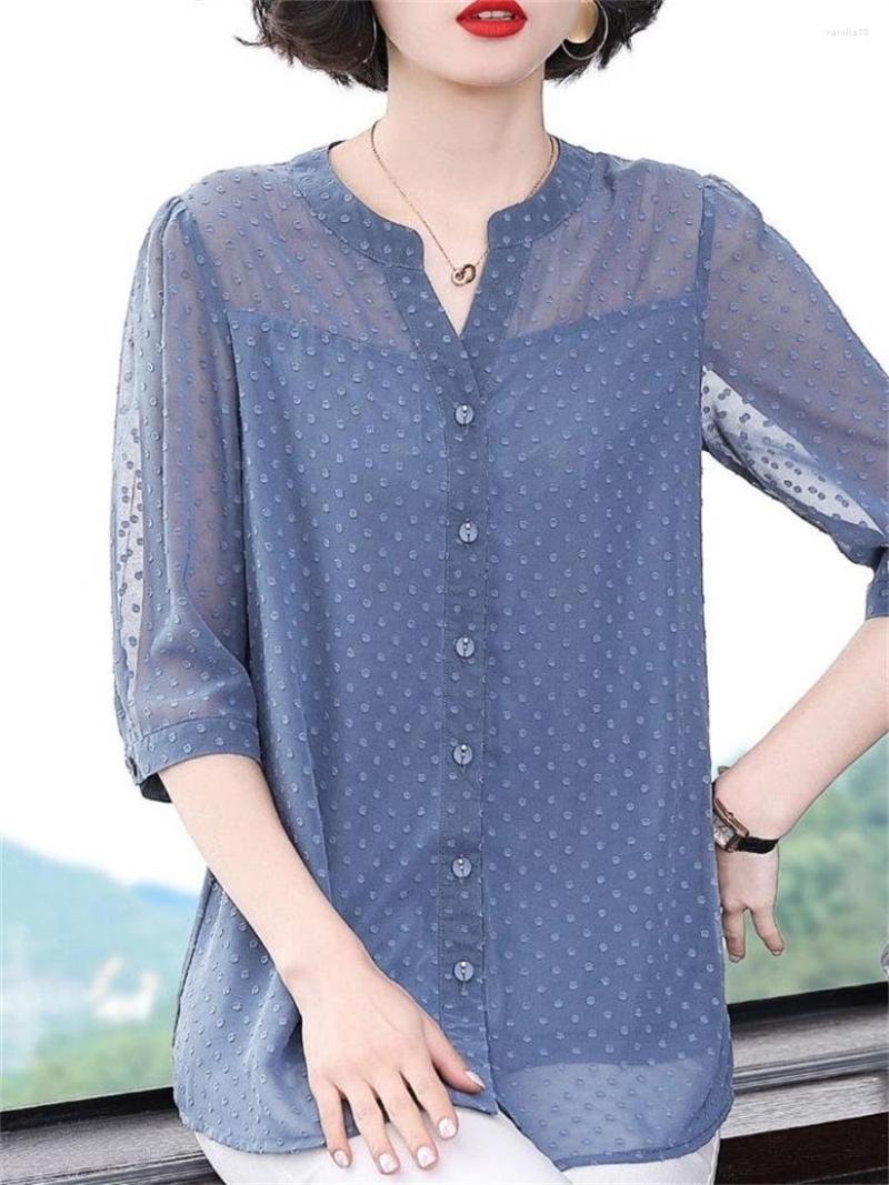 Women's Blouses Woman Spring Summer Style Shirts Lady Casual Half Sleeve V-Neck Polka Dot Patchwork Blusas Tops DD9261, Blue 
Women's Blouses Woman Spring Summer Style Shirts Lady Casual Half Sleeve V-Neck Polka Dot Patchwork Blusas Tops DD9261, Blue