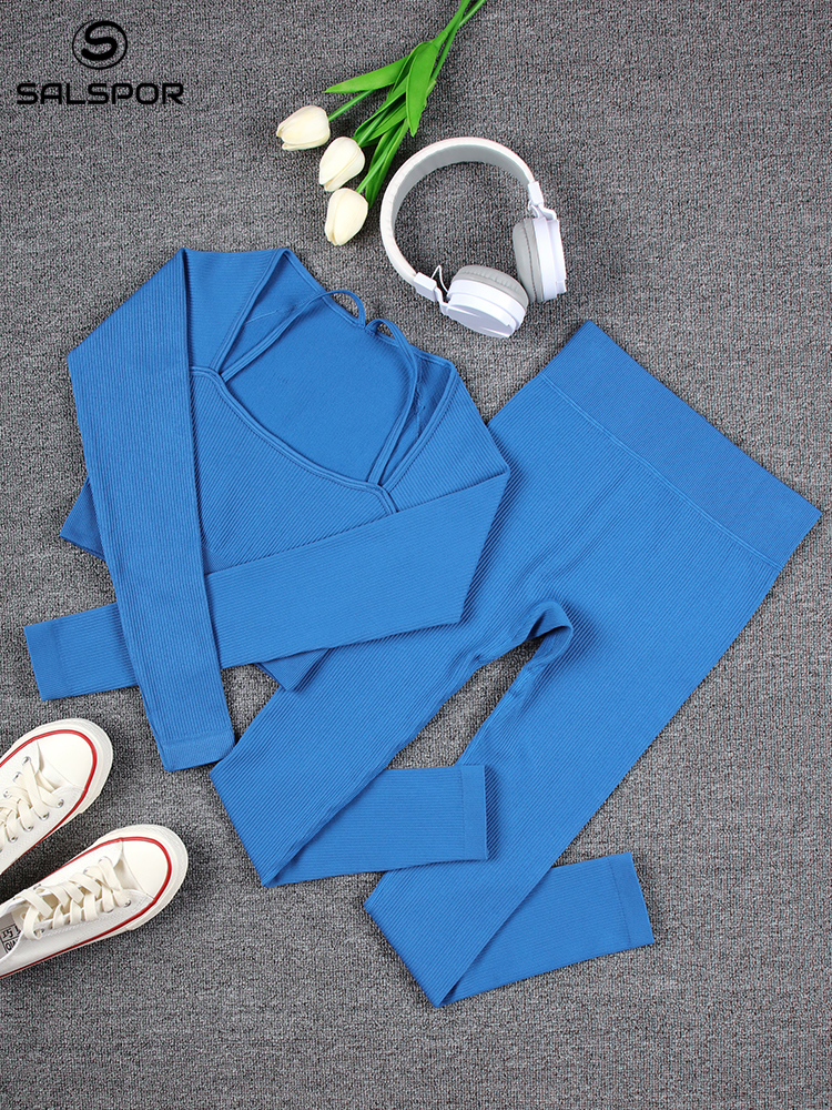 Women's Two Piece Pants SALAPOR Seamless Sport Set for Women Thread Sports Push Up Suits Tops and Leggings Ribbed Workout Tracksuit Woman Gym Clo