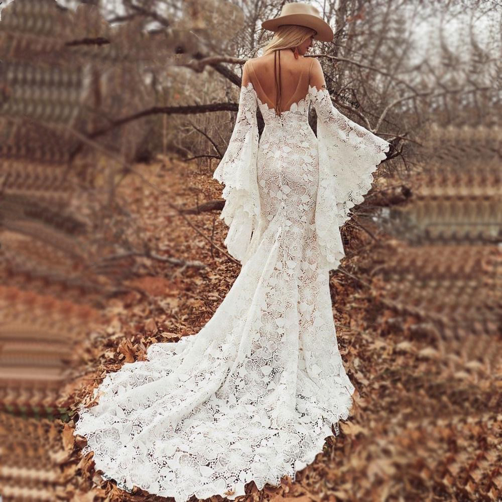 Long Boho Sleeves Wedding Dresses 2022 Sheer O-Neck Vintage Crochet Bold Cotton Lace Bohemian Hippie Country Bride Gowns 0431
