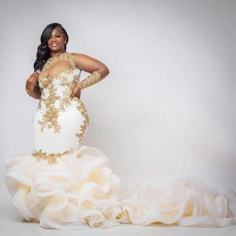 Plus Size Ruffles Prom Dresses 2023 Sheer Neck illusion long Sleeve Gold Appliques Evening Gowns Tier Tulle Train Robe De Mariee, Ivory
Plus Size Ruffles Prom Dresses 2023 Sheer Neck illusion long Sleeve Gold Appliques Evening Gowns Tier Tulle Train Robe De Mariee, Ivory