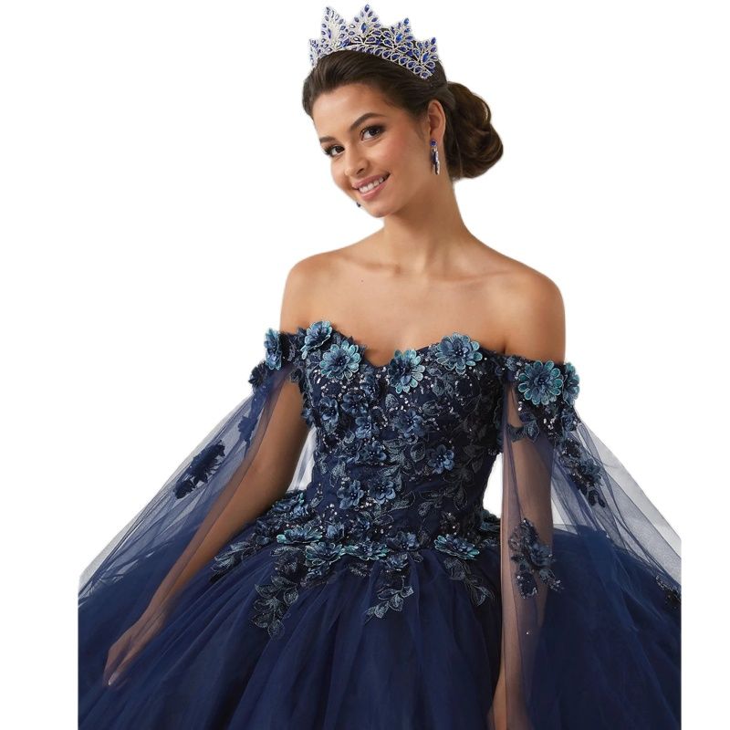 Quinceanera Dresses Navy Blue 3D Flower Appliques Sweet 16 Dress with Cape Sleeve Plus Size Mexico Girls Vestidos de XV anos