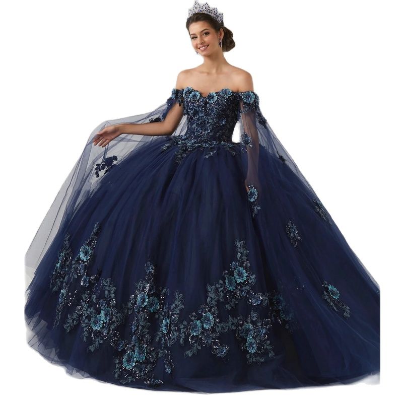 Quinceanera Dresses Navy Blue 3D Flower Appliques Sweet 16 Dress with Cape Sleeve Plus Size Mexico Girls Vestidos de XV anos