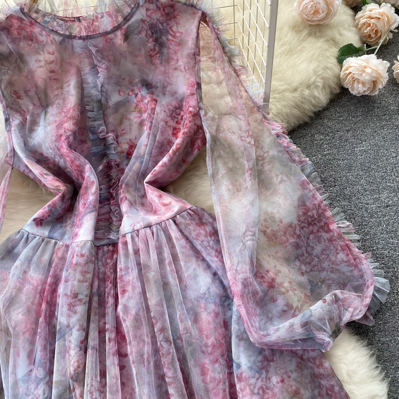 Vintage Super Fairy French Tea Break Dress Mesh Print Temperament Sweetheart First Love A-line Mid length Dress