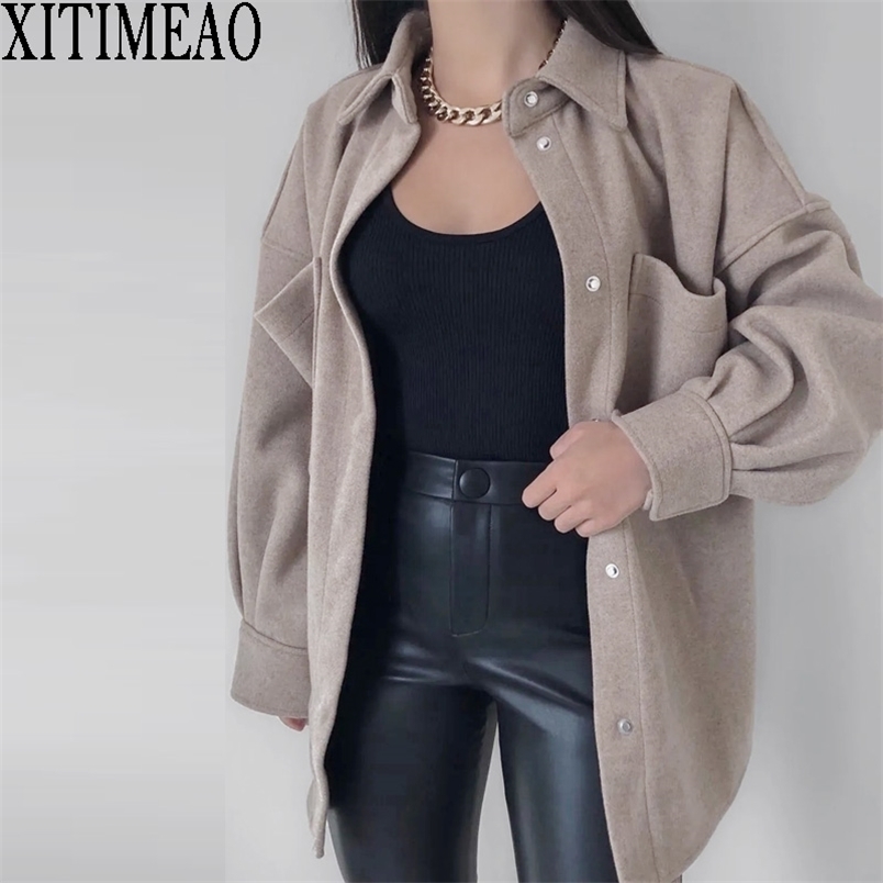 Women's Wool Blends Xitimeao 2023 Autumn Winter Fashion Woolen Coat Women Loose Shirt Casual Solid Ladies Lapel Jacket 221010, Light khaki
Women's Wool Blends Xitimeao 2023 Autumn Winter Fashion Woolen Coat Women Loose Shirt Casual Solid Ladies Lapel Jacket 221010, Light khaki