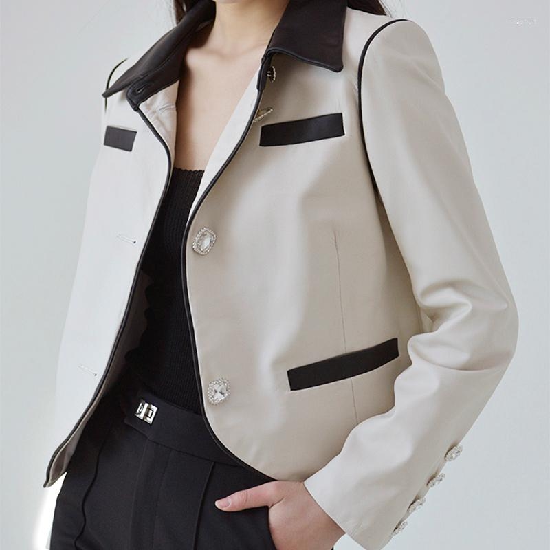 Women's Leather Genuine Jacket Women 2022 Korean Black And White Contrast Color Stitching Lrregular Hem Single Breasted Sheepskin Coat, White spot
Women's Leather Genuine Jacket Women 2022 Korean Black And White Contrast Color Stitching Lrregular Hem Single Breasted Sheepskin Coat, White spot