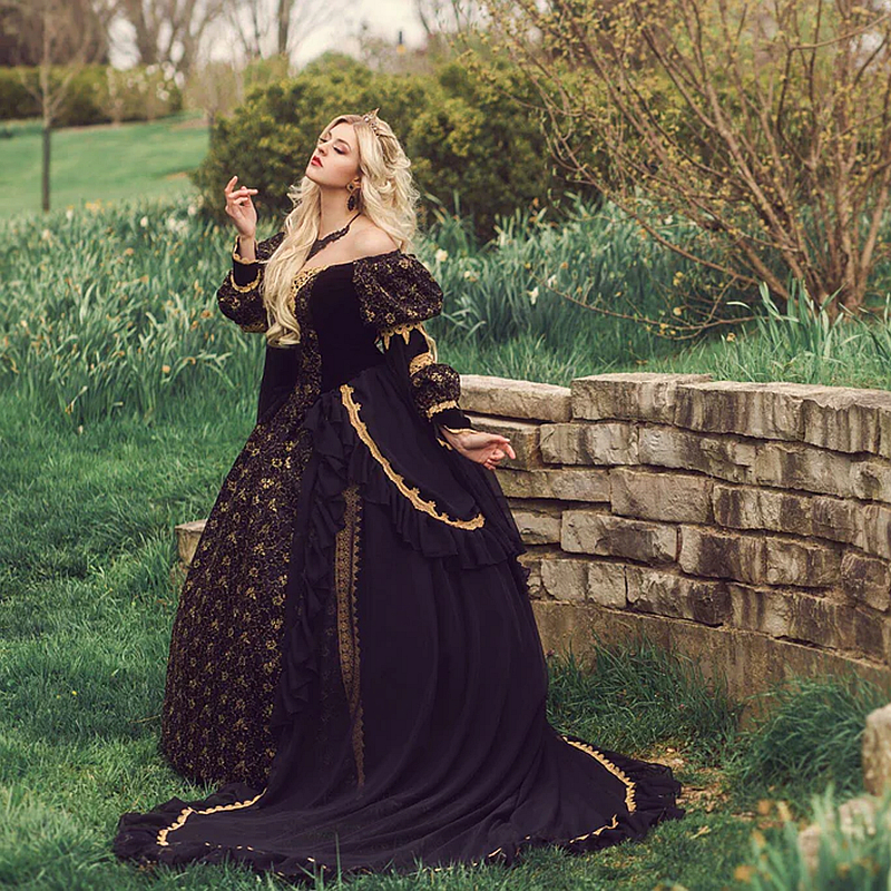 Gothic Black Wedding Dress With Long Cap Wrap Sleeping Beauty ball Gown Velvet Chiffon Lace Appliques Tiers Ruffle Long Sleeves Masquerade Vintage Fan