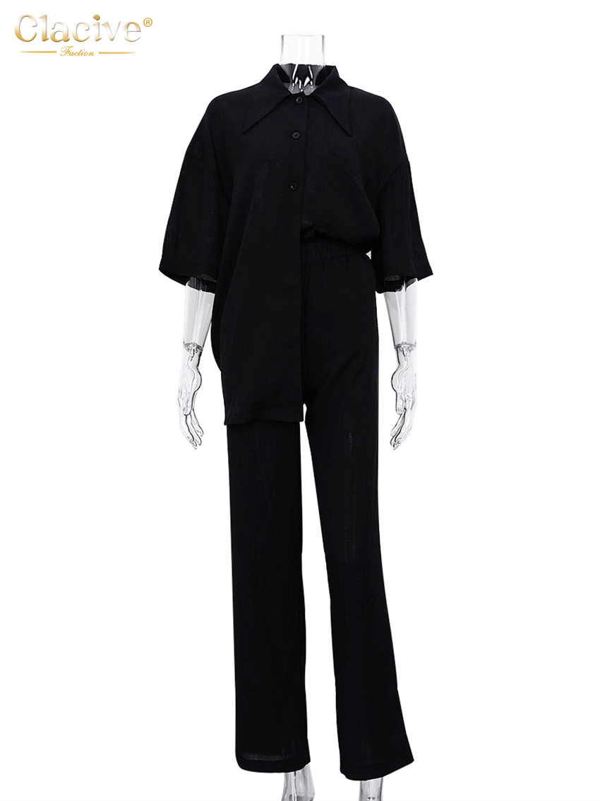 Women's Two Piece Pants Clacive Causal Loose Trouser Suits Autumn Short Sleeve Blouse With High Wasit Pants Set Women Elegant Brown 2 Piece Pants