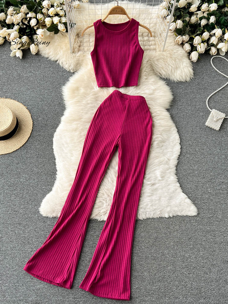 Women's Two Piece Pants SINGREINY Women Casual Pants Set Fashion Bodycon Slim Short Tank Top Striped Wide Legs Long Pants Solid Summer Two Piece 