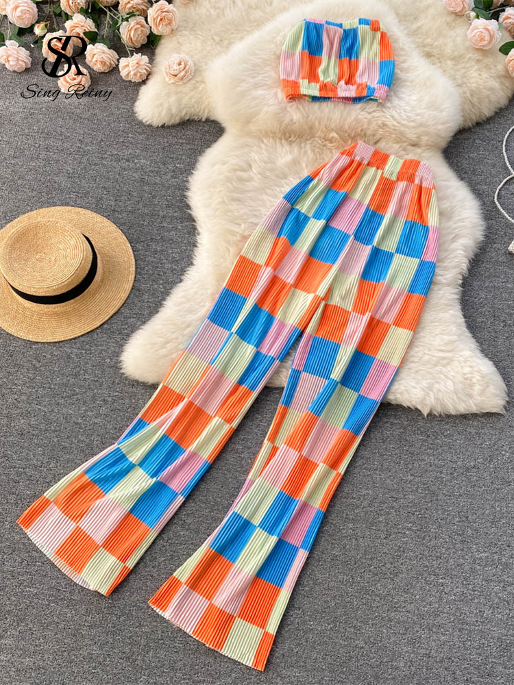 Women's Two Piece Pants SINGREINY Vacation Summer Women Sexy Set Fashion Elastic Waist Short Tops Ruched Slim Ladies Temperament Two Piece Sets 2