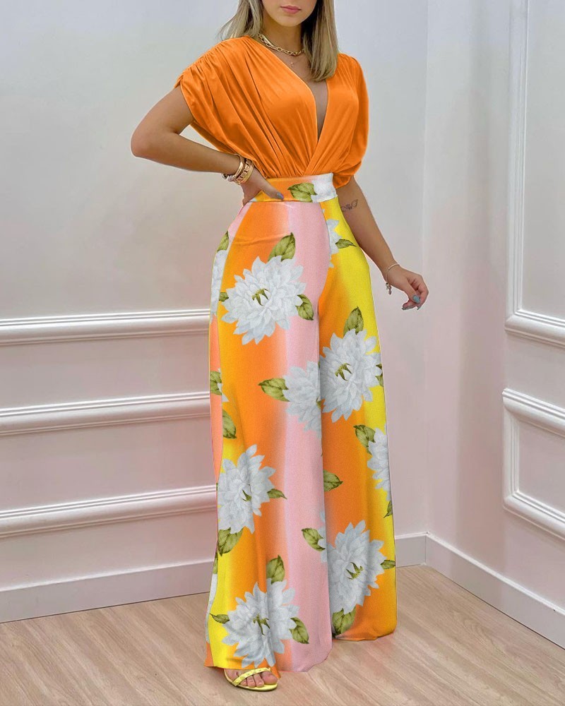 Women's Two Piece Pants Summer Two Piece Set Women Fashion V-neck Bat Sleeve Top Printed Wide-leg Pants Suit Casual Two Piece Set Women 221010