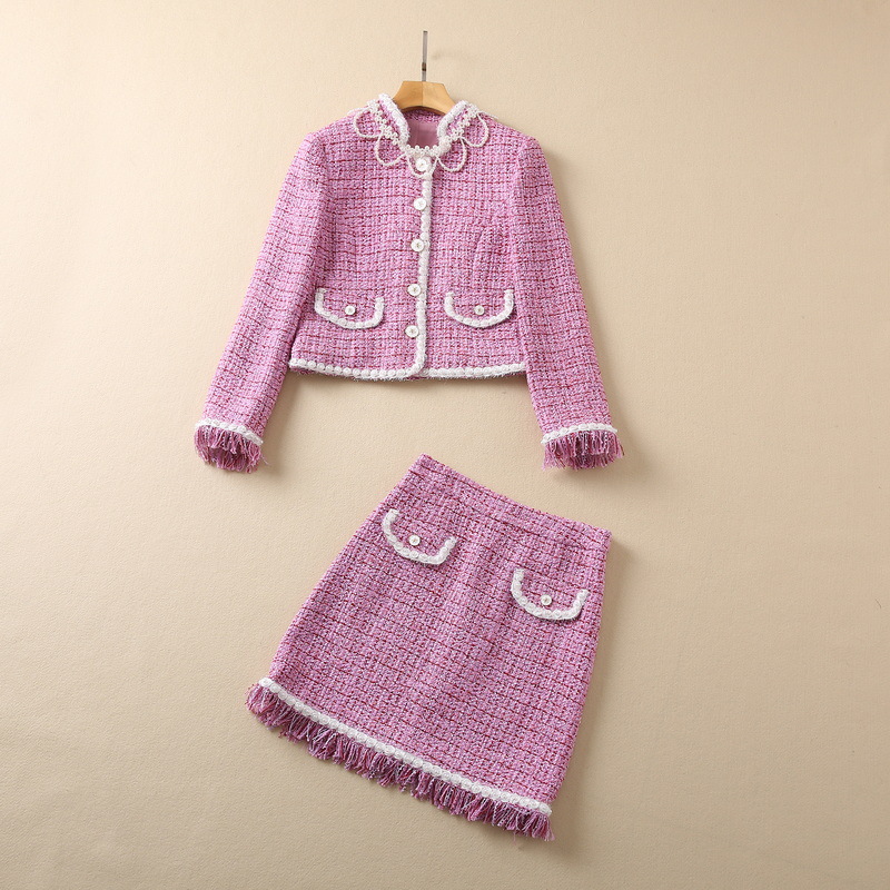2022 Autumn Pink Solid Color Two Piece Dress Sets Long Sleeve Stand Collar Tweed Beaded Coat Beaded Neckline Removable & Panelled Tassel Short Skirt Suits Set S2O08SK, Photo pink
2022 Autumn Pink Solid Color Two Piece Dress Sets Long Sleeve Stand Collar Tweed Beaded Coat Beaded Neckline Removable & Panelled Tassel Short Skirt Suits Set S2O08SK, Photo pink