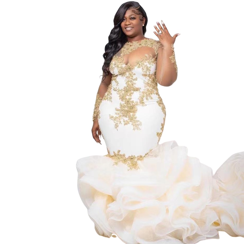 Plus Size Ruffles Prom Dresses 2023 Sheer Neck illusion long Sleeve Gold Appliques Evening Gowns Tier Tulle Train Robe De Mariee