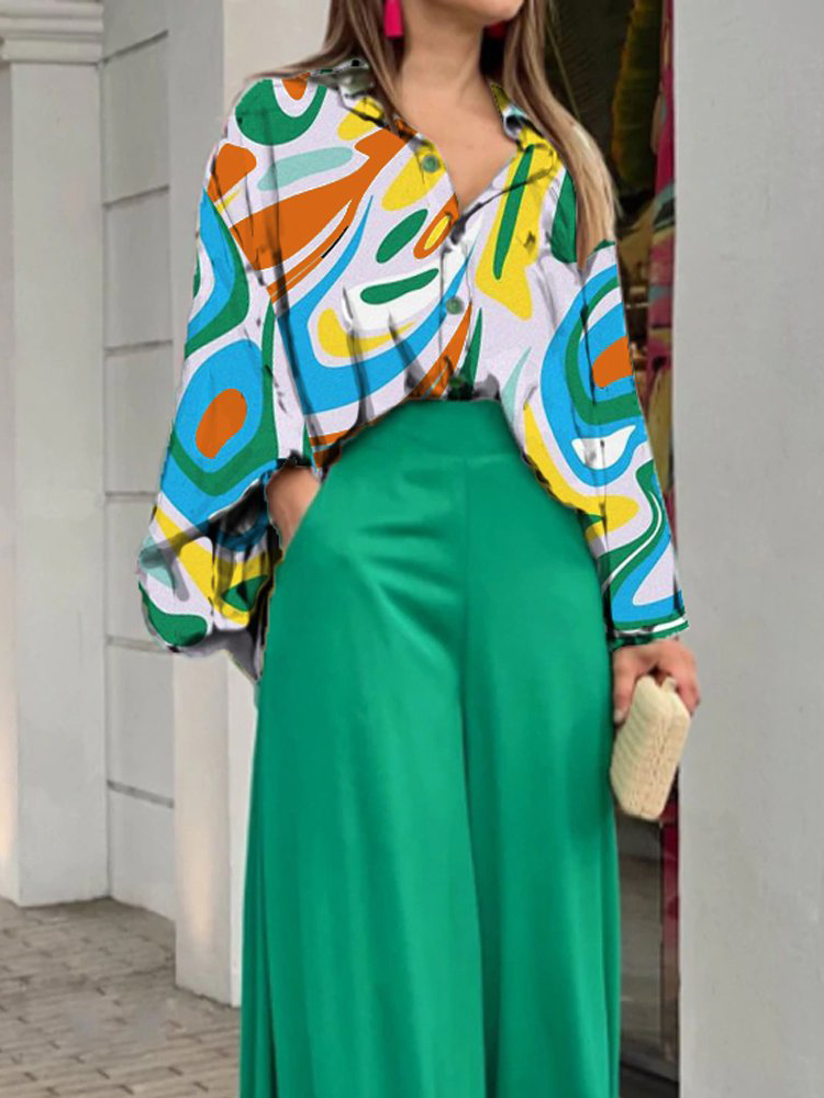 Women's Two Piece Pants Fashion Batwing Sleeve Wide Leg Women Two Piece Sets Womens Outifits Fall Clothes Green Elegant Office Shirt 2 Piece Sets
