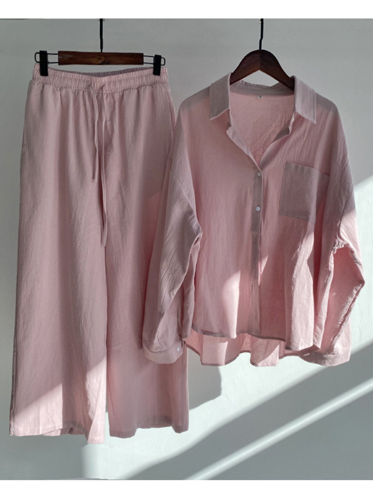 Women's Two Piece Pants Women Casual Cotton 2 Piece Set Summer Female Vintage Loose Outfits Oversized Long Sleeve Shirt And High Waist Pants Suit