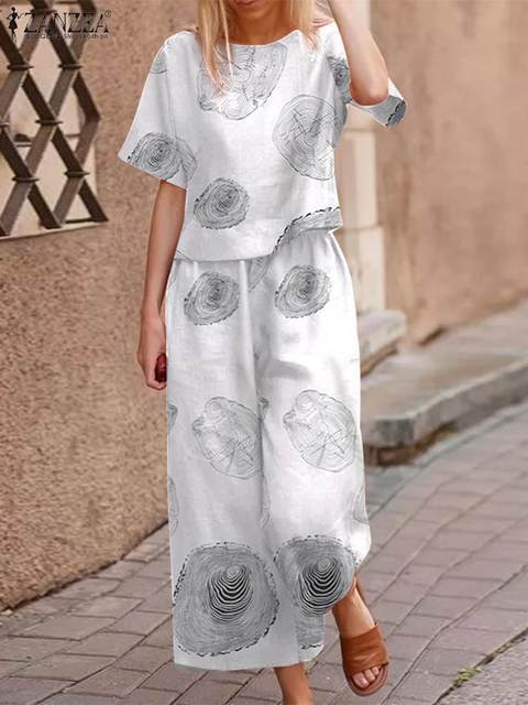 Women's Two Piece Pants Summer Floral Wide Leg Tracksuits Female Women Casual Cotton Matching Sets ZANZEA Bohemian Printed Short Sleeve Pant Sets
