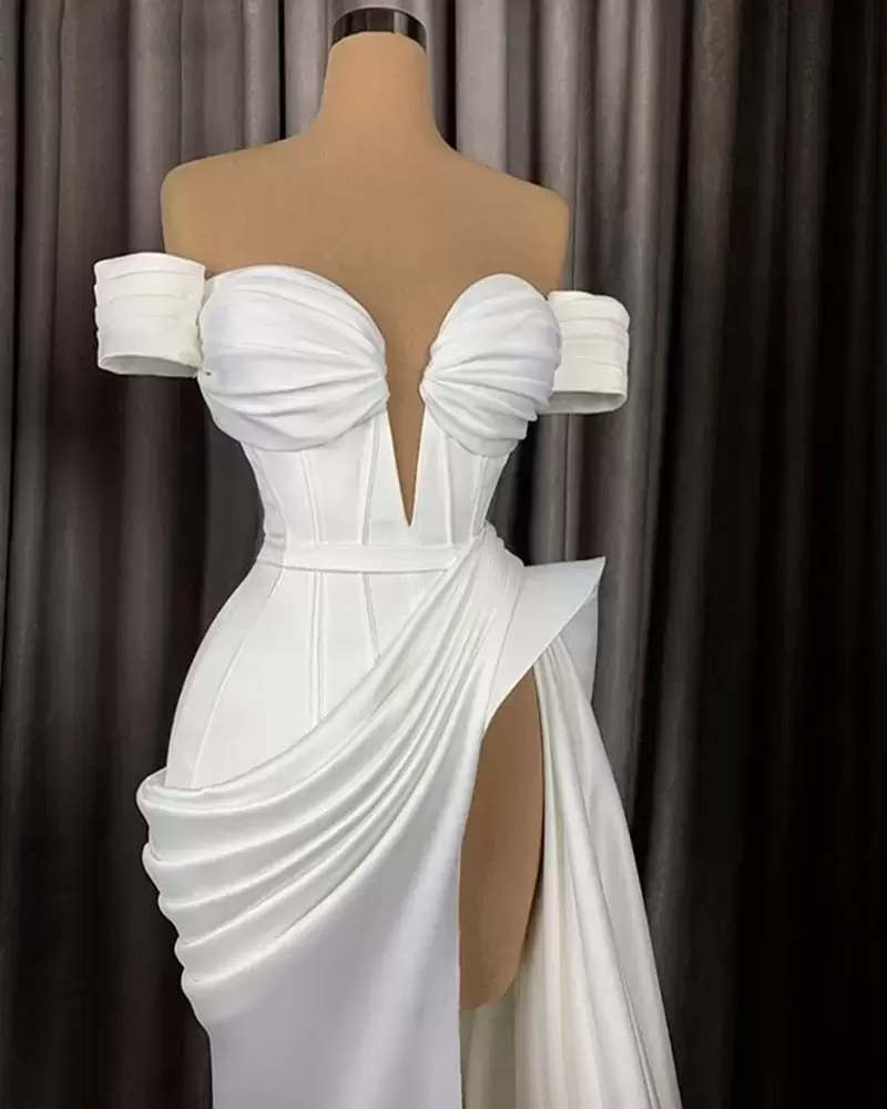 White Mermaid Sexy Satin Wedding Dresses Front Split Pleats Plus Size Bridal Party Gowns for African Women Robe De Marriage
