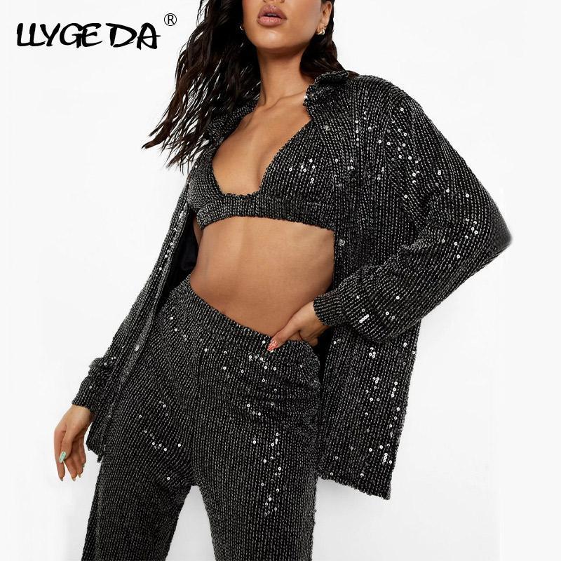 Women's Two Piece Pants Sequins Sexy Women's 3 Pieces Set Bling Underwear Bra Long Sleeve Shirt Wide Leg Pants Female Sets Party Ladies Gree