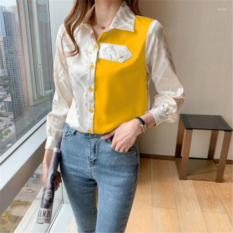 Women' Blouses Satin Blouse Chemise Femme Office Lady Button Up Turn Down Collar Shirts Spring Patchwork Female Casual All-match Shirt, Yellow
Women' Blouses Satin Blouse Chemise Femme Office Lady Button Up Turn Down Collar Shirts Spring Patchwork Female Casual All-match Shirt, Yellow