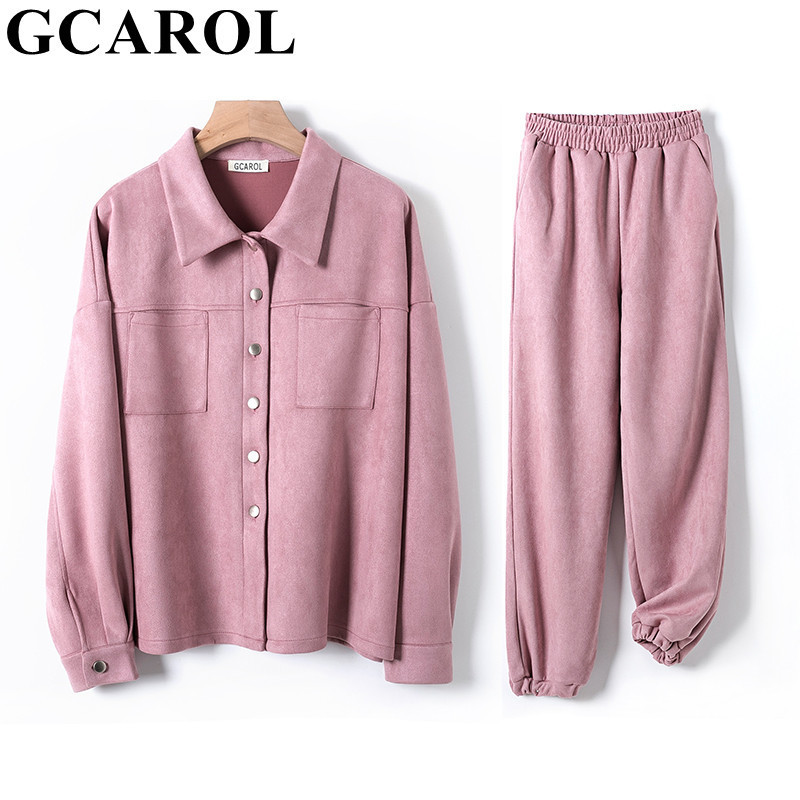Women's Two Piece Pants GCAROL Women tracksuits Velvet Jacket And Pants Drop Shoulder Oversized Coat Single-Breasted Elastic Waist Overalls Cargo