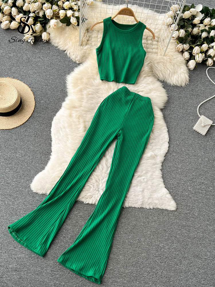 Women's Two Piece Pants SINGREINY Women Casual Pants Set Fashion Bodycon Slim Short Tank Top Striped Wide Legs Long Pants Solid Summer Two Piece 