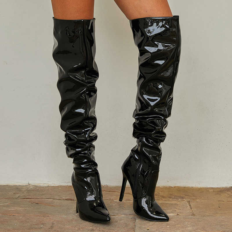 Boots High Quality Pleated Patent Leather Motorcycle Over The Knee Boots Women Fashion Pointed Toe Zip Thigh High Lady Shoes J220923