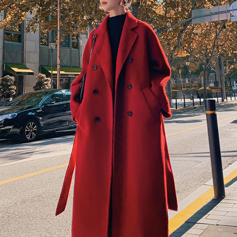 Women's Wool Blends Women's Autumn and Winter Temperament Mid-length Thick Woolen Long-sleeved Women's Jacket Trend Red Fashionable Woo