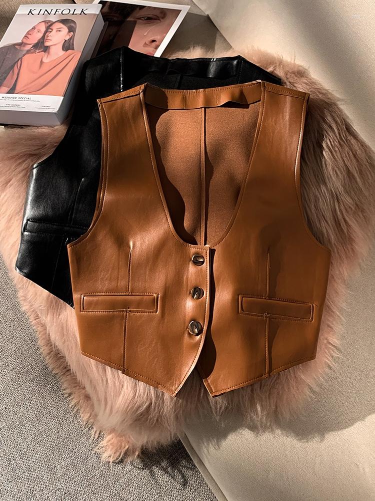 Women' Leather Retro PU Vest Women' Autumn Jacket All-Match Solid Color Single Breasted Deep V-neck Streetwear, Picture shown
Women' Leather Retro PU Vest Women' Autumn Jacket All-Match Solid Color Single Breasted Deep V-neck Streetwear, Picture shown