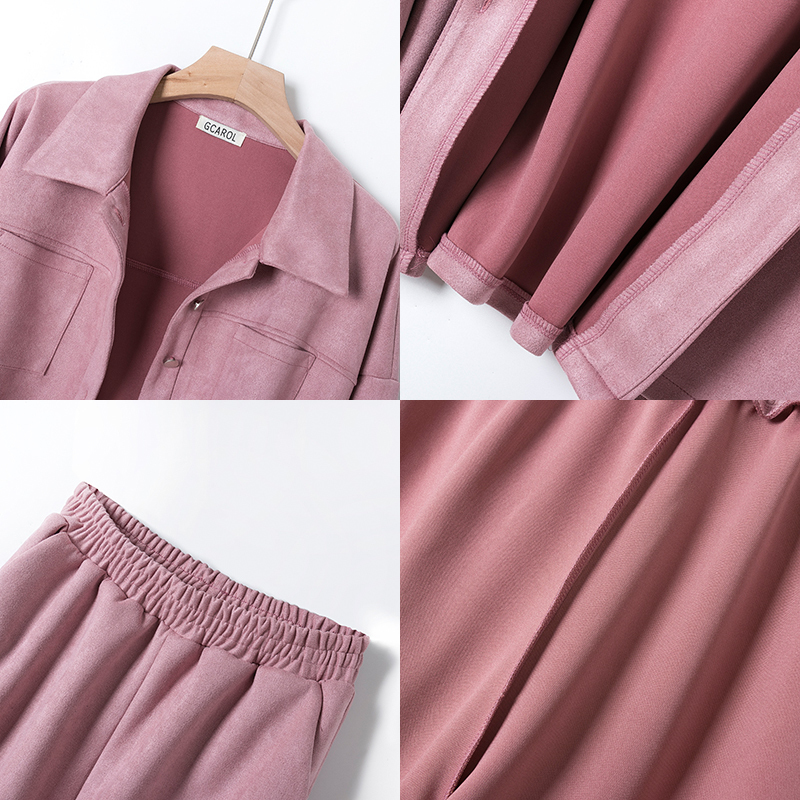 Women's Two Piece Pants GCAROL Women tracksuits Velvet Jacket And Pants Drop Shoulder Oversized Coat Single-Breasted Elastic Waist Overalls Cargo