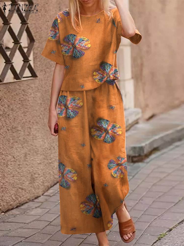 Women's Two Piece Pants Summer Floral Wide Leg Tracksuits Female Women Casual Cotton Matching Sets ZANZEA Bohemian Printed Short Sleeve Pant Sets