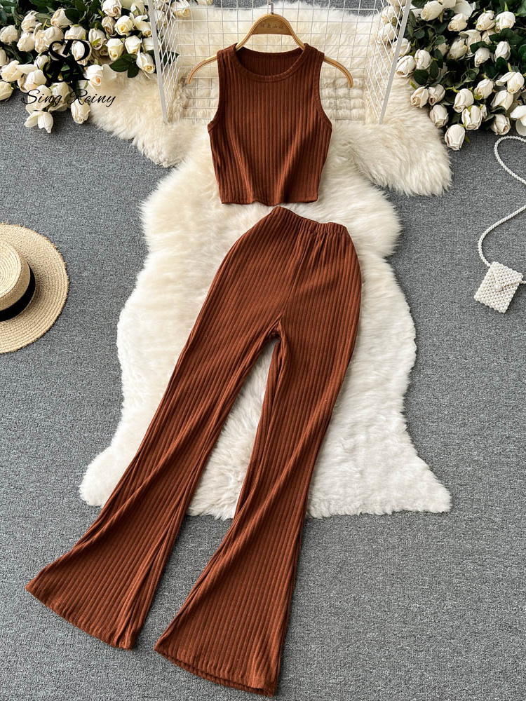 Women's Two Piece Pants SINGREINY Women Casual Pants Set Fashion Bodycon Slim Short Tank Top Striped Wide Legs Long Pants Solid Summer Two Piece 
