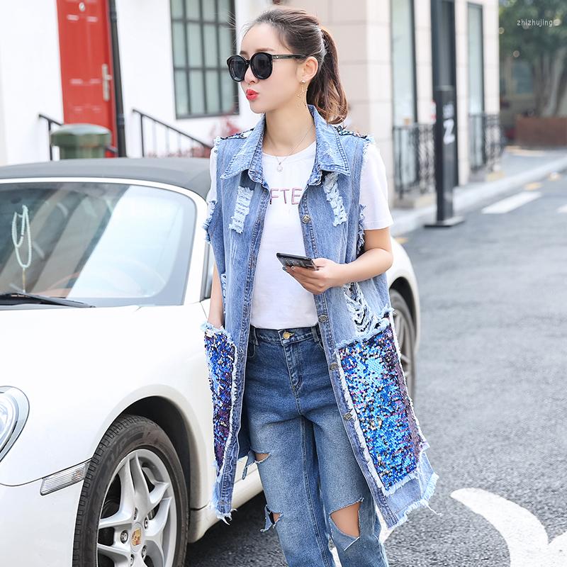 Women' Vests Woman Summer Autumn Women Sequined Long Sleeveless Denim Vest Hole Jeans Jacket -3XL 
Women' Vests Woman Summer Autumn Women Sequined Long Sleeveless Denim Vest Hole Jeans Jacket -3XL