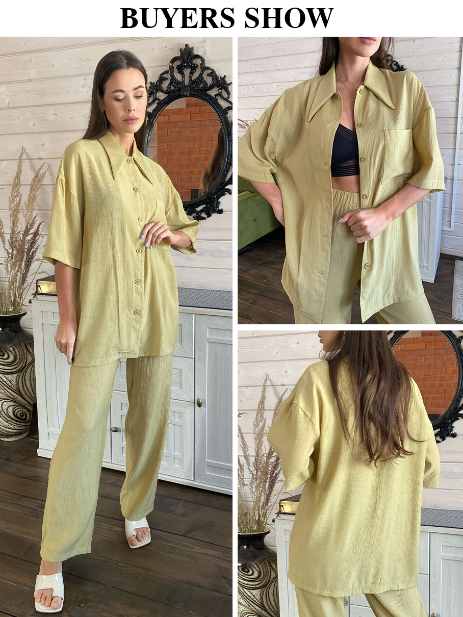 Women's Two Piece Pants Clacive Causal Loose Trouser Suits Autumn Short Sleeve Blouse With High Wasit Pants Set Women Elegant Brown 2 Piece Pants