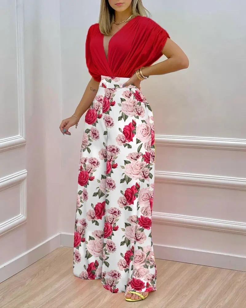 Women's Two Piece Pants Summer Two Piece Set Women Fashion V-neck Bat Sleeve Top Printed Wide-leg Pants Suit Casual Two Piece Set Women 221010