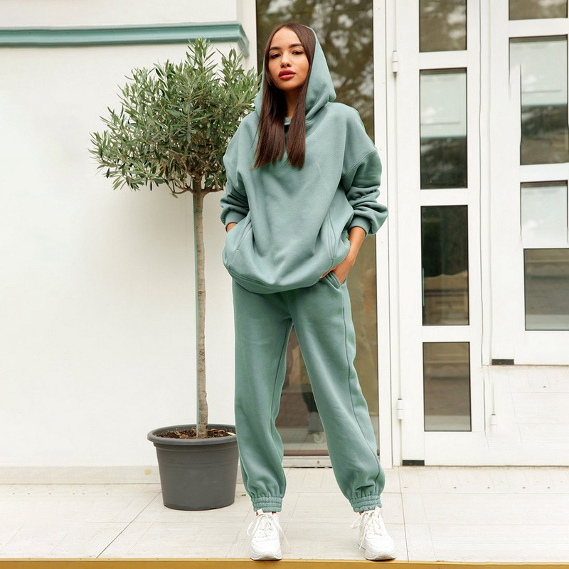 Women's Two Piece Pants Women's Tracksuit Casual Solid Long Sleeve Hooded Sport Suits Autumn Warm Hoodie Sweatshirts And Long Pant Fleece Tw