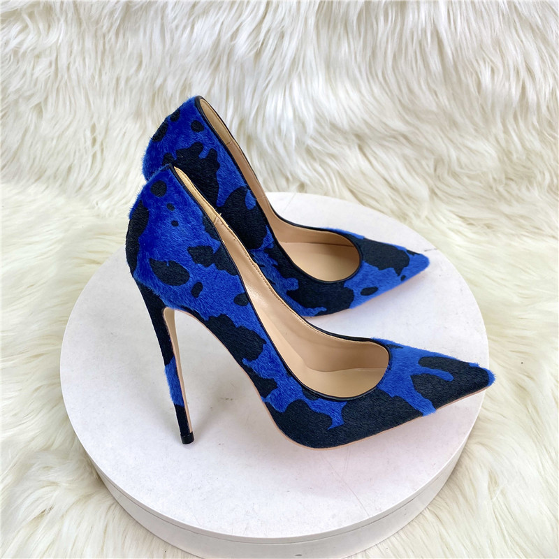 New Luxury Women Shoes Fashion Blue Cow Woman Hairy Flock Pointed Toes High Heel Shoe Comfortable Elegant Ladies Formal Dress