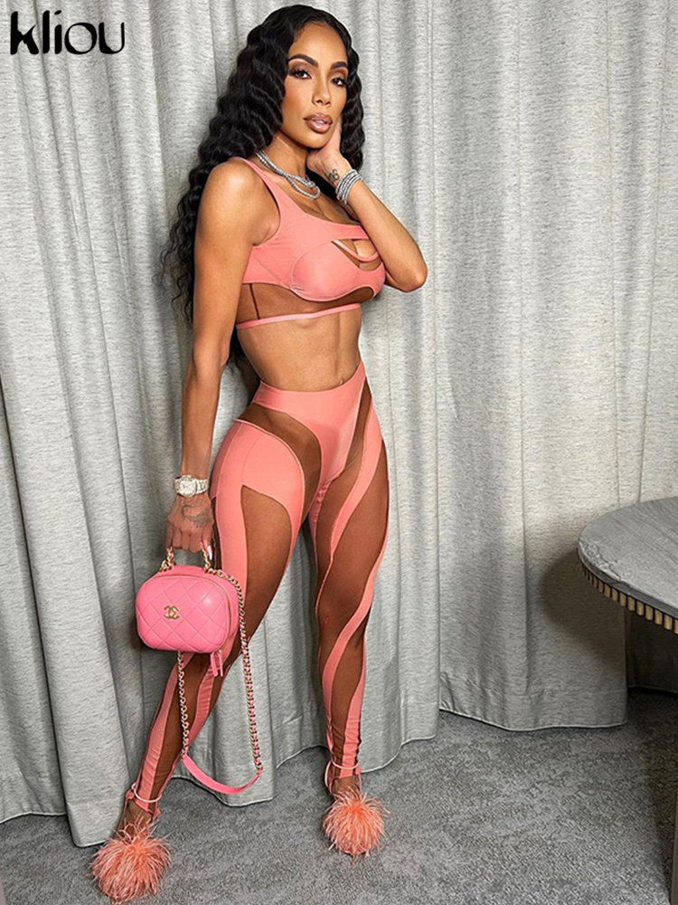 Women's Two Piece Pants Kliou Mesh Patchwork Two Piece Set Women Skinny Hole Sleeveless VestMid Waist See Through Leggings High Street Attirewear