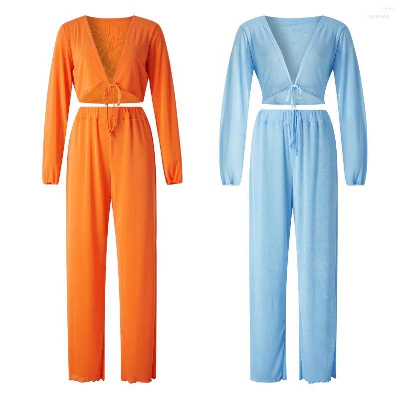 Women's Two Piece Pants Women's Women Fashion 2Pcs Set Tie-up Solid Color V-Neck Long Sleeve Crop Tops Wide-leg Trousers Clothes, Blue
Women's Two Piece Pants Women's Women Fashion 2Pcs Set Tie-up Solid Color V-Neck Long Sleeve Crop Tops Wide-leg Trousers Clothes, Blue