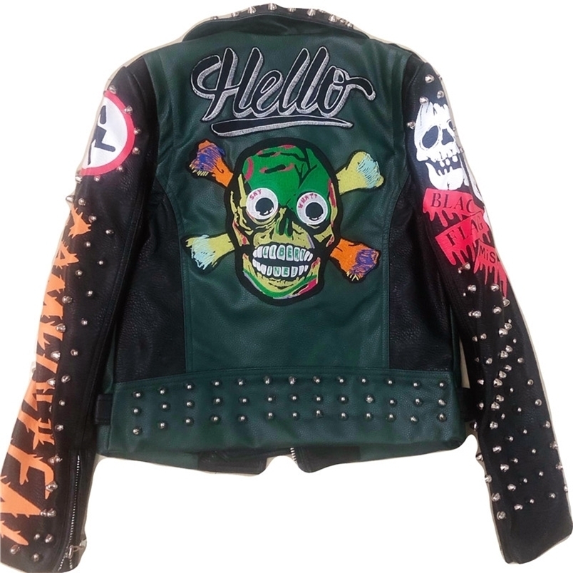 Women's Leather Faux Spring pu Jacket Female Street Fashion Punk Rivet Graffiti Printing Short Locomotive For Women y934 221010, Green
Women's Leather Faux Spring pu Jacket Female Street Fashion Punk Rivet Graffiti Printing Short Locomotive For Women y934 221010, Green