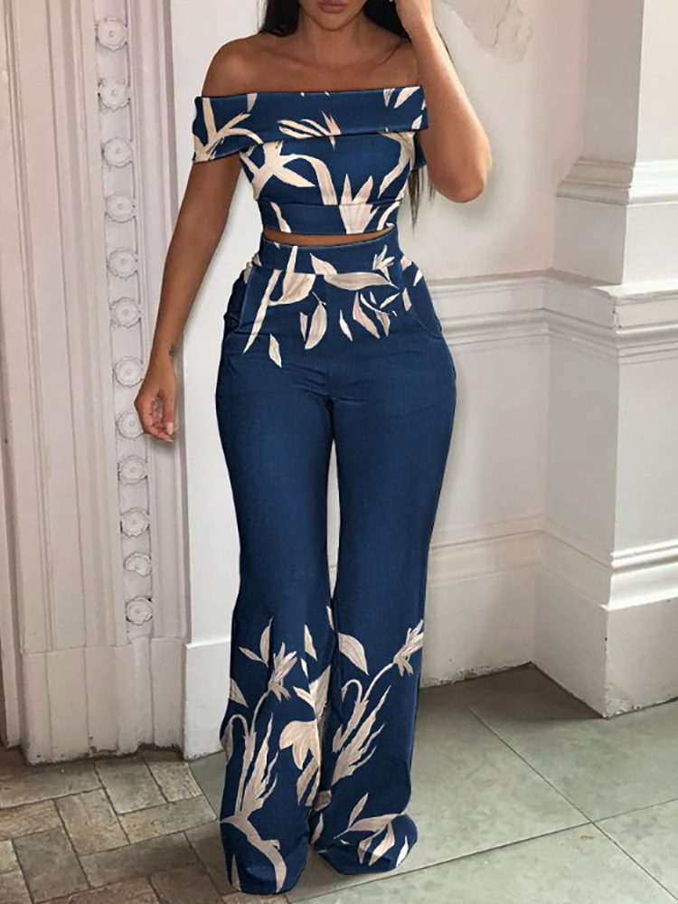 Women's Two Piece Pants Matching Set Women Slash Neck Pullover Top High Elastic Waist Wide Leg Pants Ladies Outfit Summer Printing Slim Streetwea