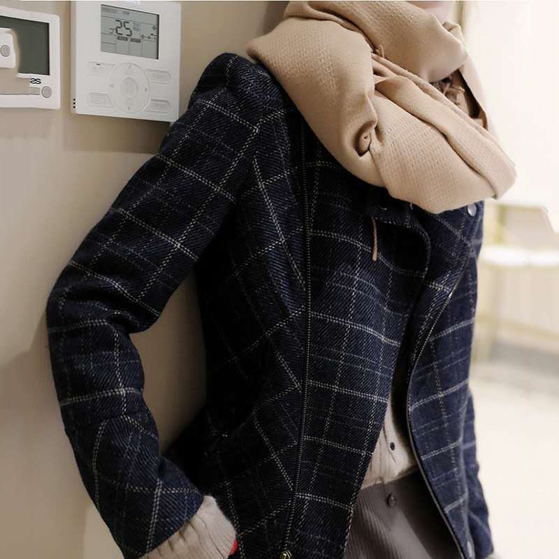Women's Wool Blends Chic Short Plaid short Jackets Women Korean Style Slim Big Size Coat Woolen Office Lady Casual Biker Coats Vintage Short Outw