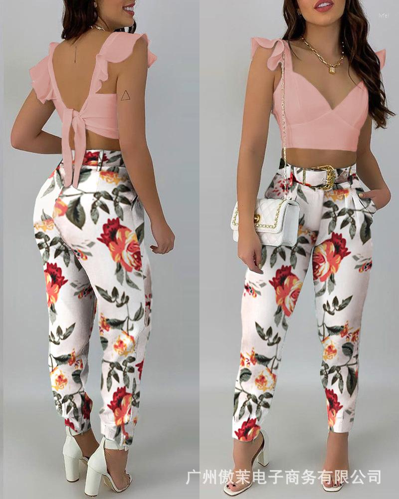 Women' Two Piece Pants Fashion Vintage Pink Floral Print Set 2022 Summer V Neck Lace Up & High Waist Trousers Suit Elegant
Women' Two Piece Pants Fashion Vintage Pink Floral Print Set 2022 Summer V Neck Lace Up & High Waist Trousers Suit Elegant
