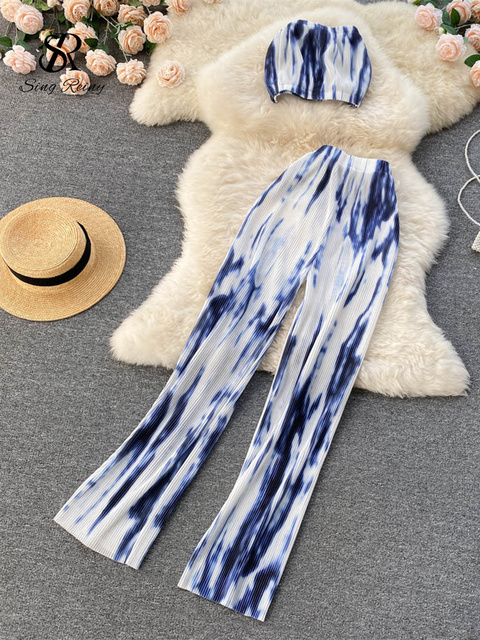 Women's Two Piece Pants SINGREINY Vacation Summer Women Sexy Set Fashion Elastic Waist Short Tops Ruched Slim Ladies Temperament Two Piece Sets 2