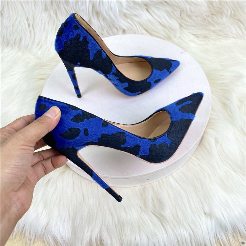 New Luxury Women Shoes Fashion Blue Cow Woman Hairy Flock Pointed Toes High Heel Shoe Comfortable Elegant Ladies Formal Dress