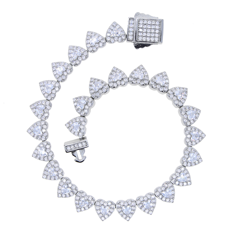 New Hip Hop Heart Charm Tennis Chain Bracelet with 5a Cz Stone Paved Punk Styles Gold Silver Plated Bangle Bracelets Jewelry for Women Men Gift