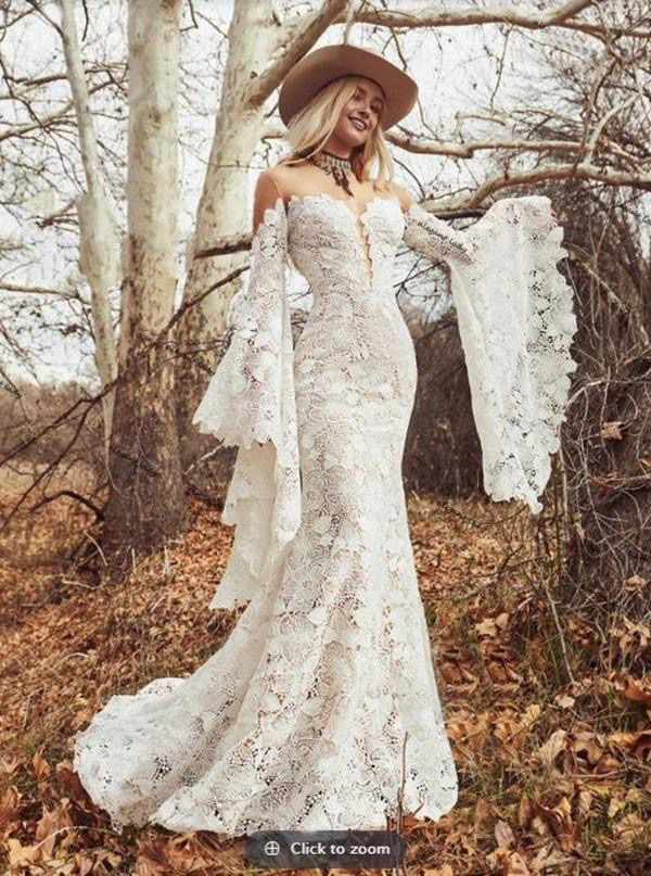 Long Boho Sleeves Wedding Dresses 2022 Sheer O-Neck Vintage Crochet Bold Cotton Lace Bohemian Hippie Country Bride Gowns 0431