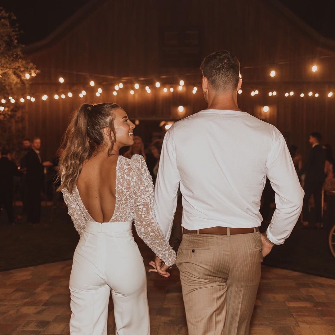 Eva Lendel 2023 Jumpsuits Wedding Dress Backless Long Sleeve Lace Beaded Floor Length Bridal Gowns Elegant Outfit Satin vestido de novia