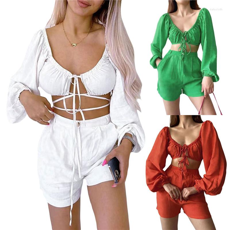 Women' Tracksuits Women Two Pieces Short Sets Solid Color Sweetheart Neckline Front Tie-Up Long Sleeve Crop Tops Shorts Outfit Summer, Green
Women' Tracksuits Women Two Pieces Short Sets Solid Color Sweetheart Neckline Front Tie-Up Long Sleeve Crop Tops Shorts Outfit Summer, Green